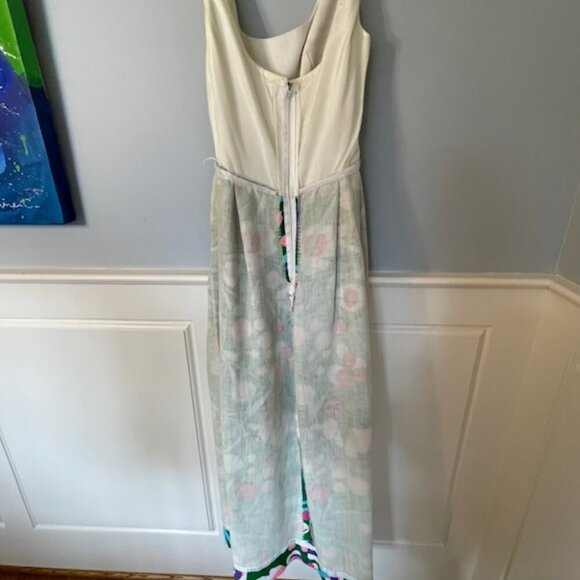 Vintage 1960's Linen Pink & Green Linen Floral High Waist Maxi Dress Vibrant - Picture 8 of 11